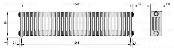 Схема (чертеж) Радиатор Zehnder Charleston 4019/29 №3570 Белый глянцевый RAL 9016